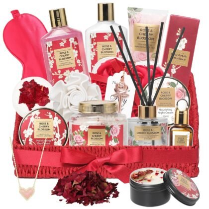 25Pcs Valentines Day Gifts for Women - Luxury Bath and Body Spa Gift Basket for Women with Necklace | Relaxing Care Kit Christmas Mothers Day Gifts for Mom Gift Baskets for Anniversary