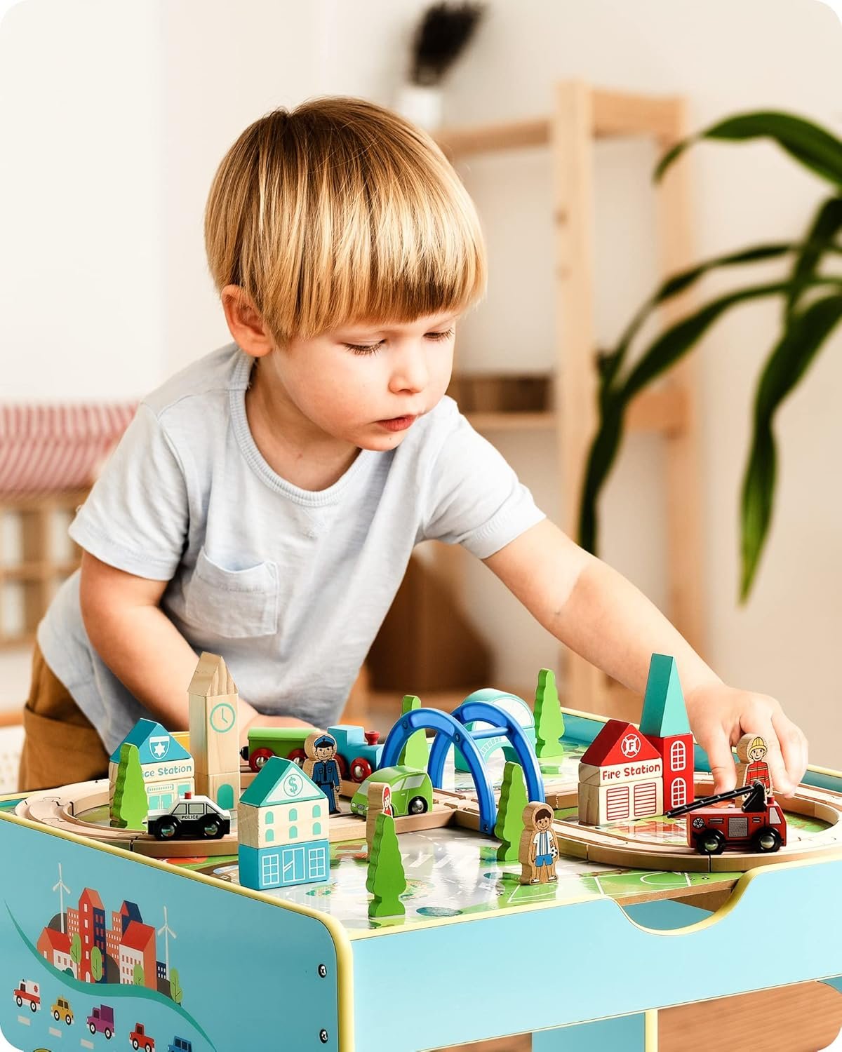 SainSmart Jr. Wooden Train Table, 2-in-1 Activity Table Playset for Kids, Wooden Train Set with Storage Box, Gift for Toddlers Boys Girls - Image 6