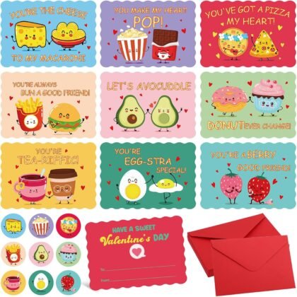 36 Pack Valentines Day Cards for Kids School, 3.5 x 5 in Funny Valentines Cards for Kids Classroom, 9 Assorted Designs Cartoon Valentine Card Set with Envelopes & Stickers for Boys Girls