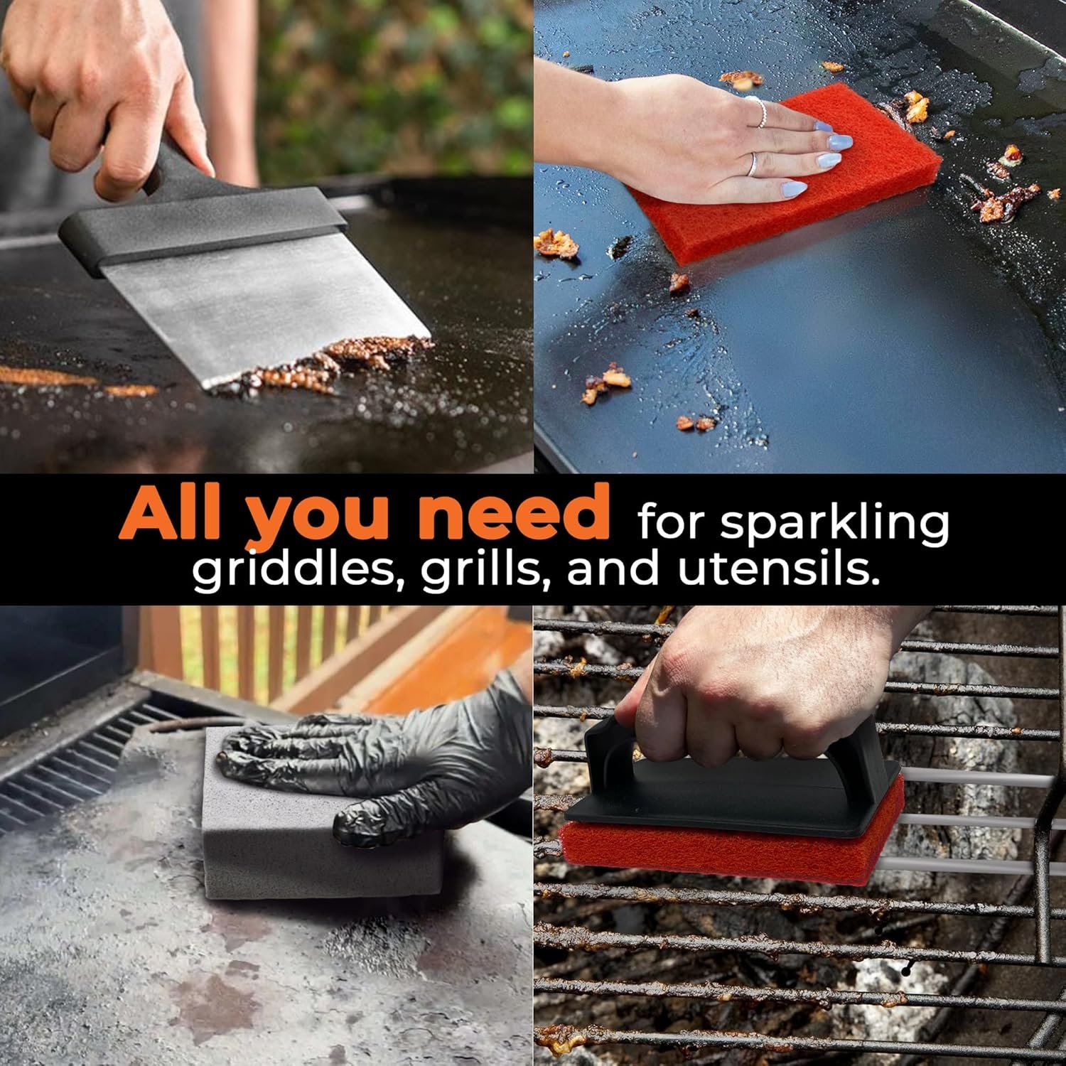 6-Piece Grill Cleaning Kit by Griddle Buddy for Blackstone with Grill Scraper, Cleaning Brick, Handle, and 3 Scouring Pads - Image 3