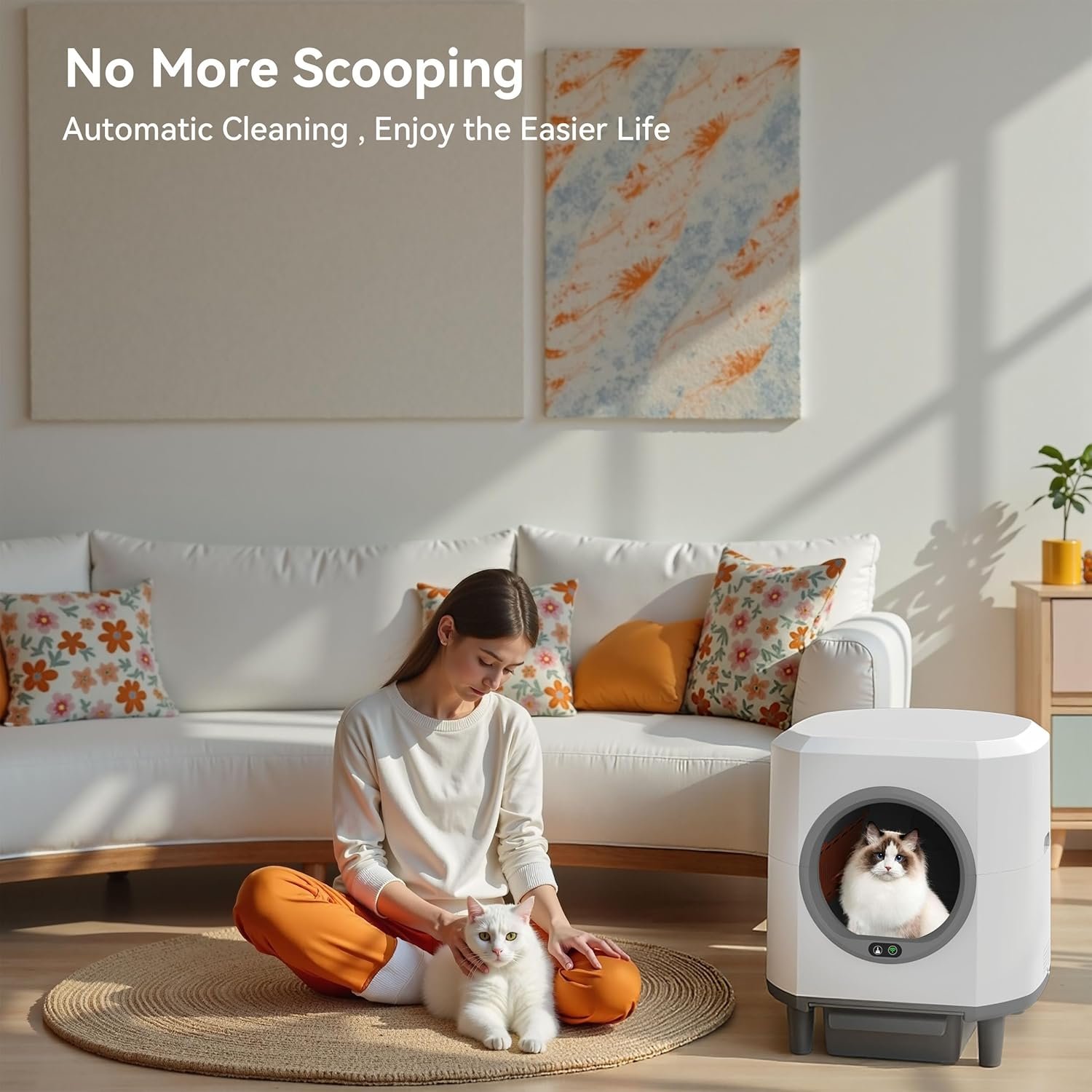 Self Cleaning Litter Box for Multiple Cats,90L Automatic Cat Litter Box Self Cleaning App-Controlled,Dual Safety Protection,1 Rolls Garbage Bags,White - Image 8