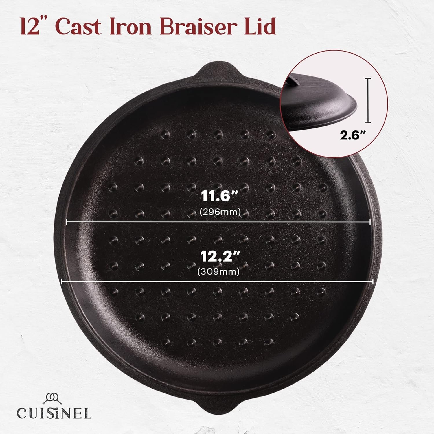 Cuisinel Cast Iron Lid - Fits 12"-Inch / 30.48-cm Lodge Skillet Frying Pans or Braiser + Silicone Handle Holder + Care Guide - Pre-Seasoned Replacement Cover - Indoor/Outdoor, Oven, Fire, BBQ Safe - Image 2