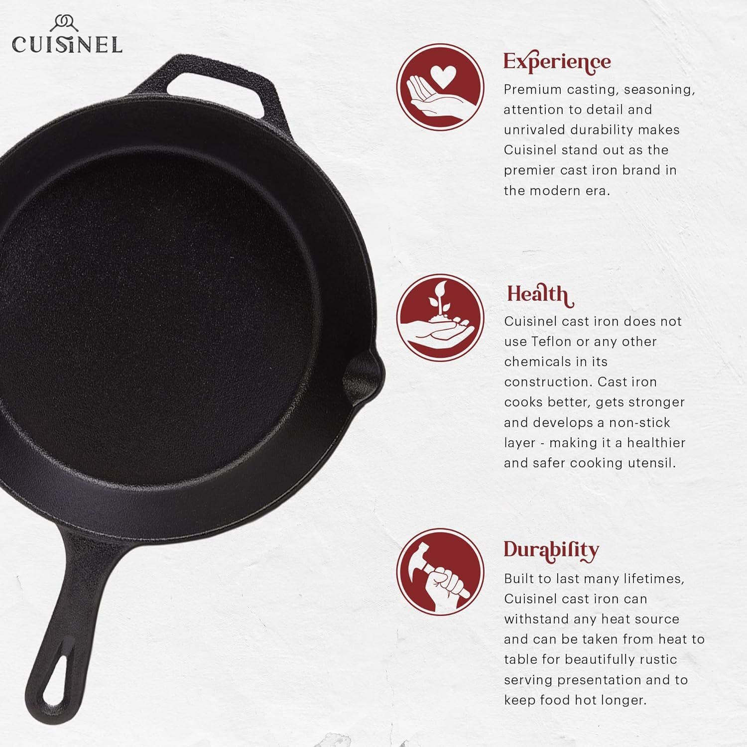 Cuisinel Cast Iron Skillets Set - 4-Piece Chef Pans - 6" + 8" + 10" + 12"-Inch + 4 Heat-Resistant Handle Holders - Pre-Seasoned Oven Safe Cookware - Indoor/Outdoor Use - Grill, Stovetop, BBQ Safe - Image 3