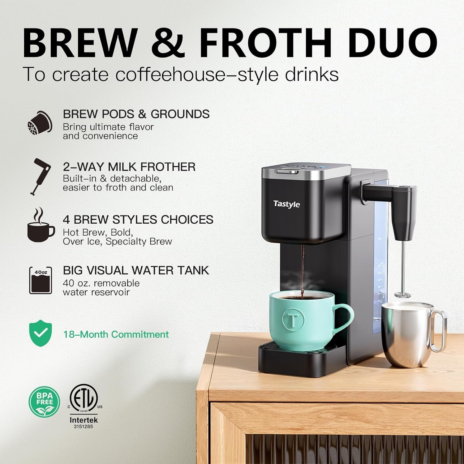 Single Serve Coffee Maker with Built-in Detachable Milk Frother, Iced and Hot Coffee Machine for K Cup & Grounds, 40oz Removable Water Reservoir, 6 Cup Sizes, Fits 7.3" Travel Mug, Black - Image 2