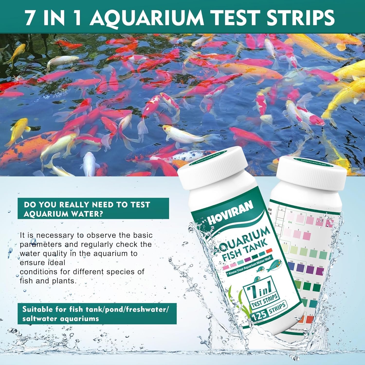 7 Way Aquarium Test Strips, 125 Count Fish Tank Test Strips for Freshwater Saltwater Pond, Water Testing Kit Aquarium for Chlorine, Total Hardness, Carbonate, Alkalinity, Nitrate, Nitrite and pH - Image 7