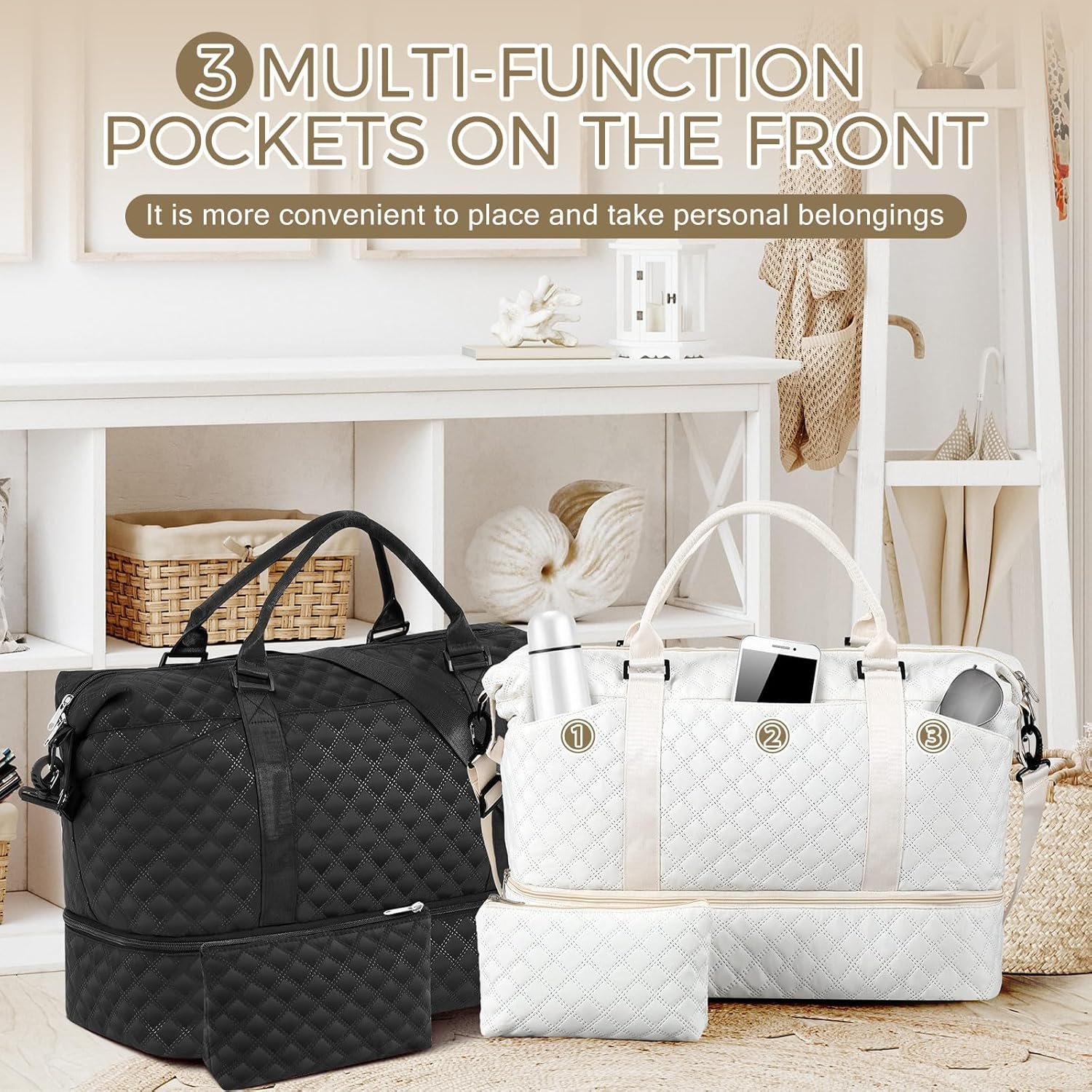 2 Sets Travel Duffel Bag with Shoe Compartment Weekender Overnight Travel Bag with Toiletry Carry on Handbag for Hospital Couple Honeymoon Yoga Gym - Image 7