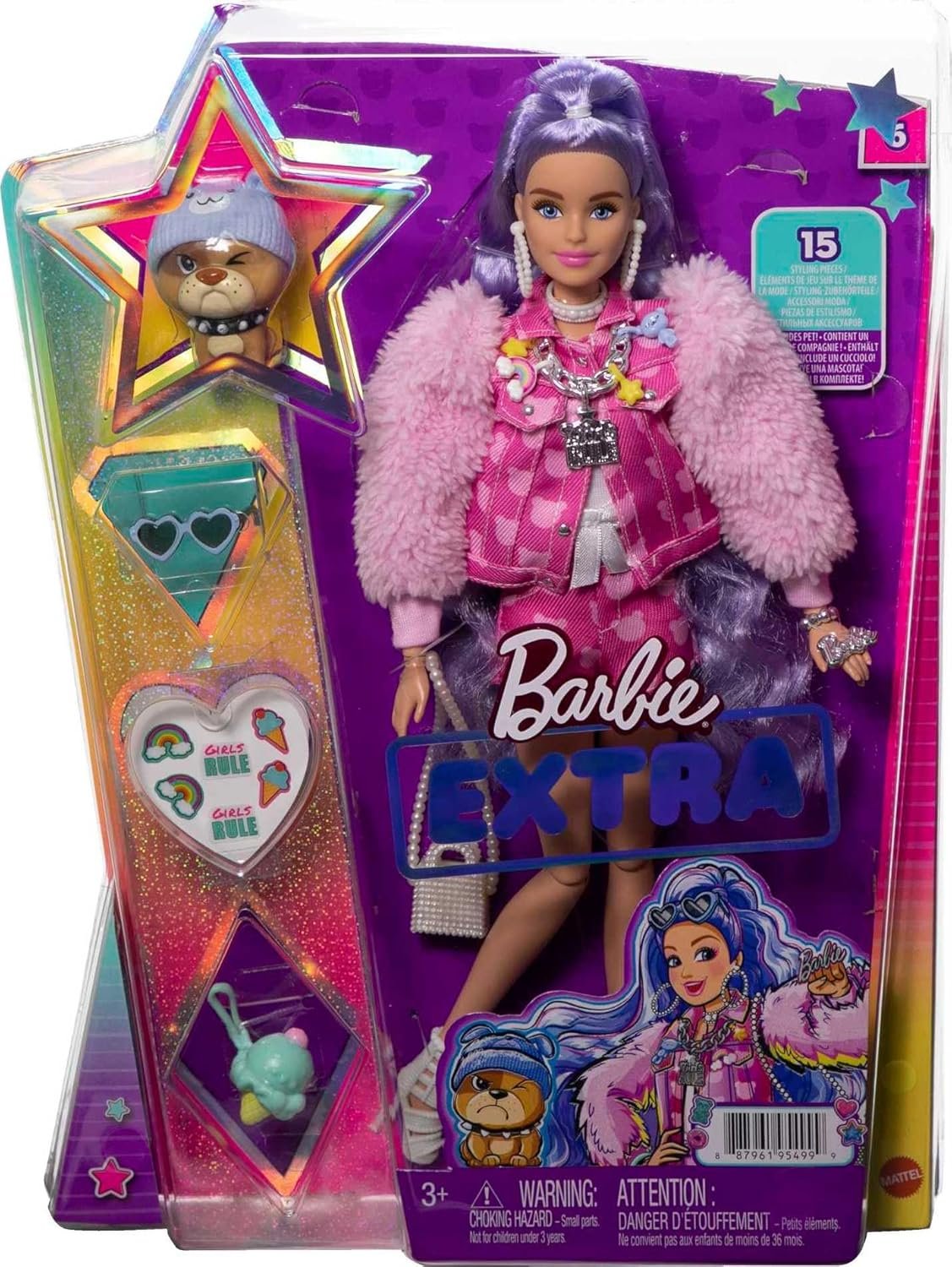 Barbie Extra Doll & Accessories with Long Periwinkle Hair, Teddy Bear-Print Denim Jacket, Matching Shorts & Pet Puppy - Image 6