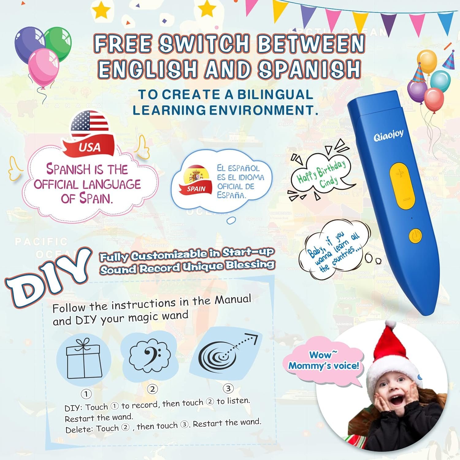 Bilingual Interactive World Map for Kids Learning and Educational Toys, Talking Electronic Kids World Map i-Poster Geography Games Ages 3 to 12 Years Old, Custom Talking Birthday Gifts Card - Image 2