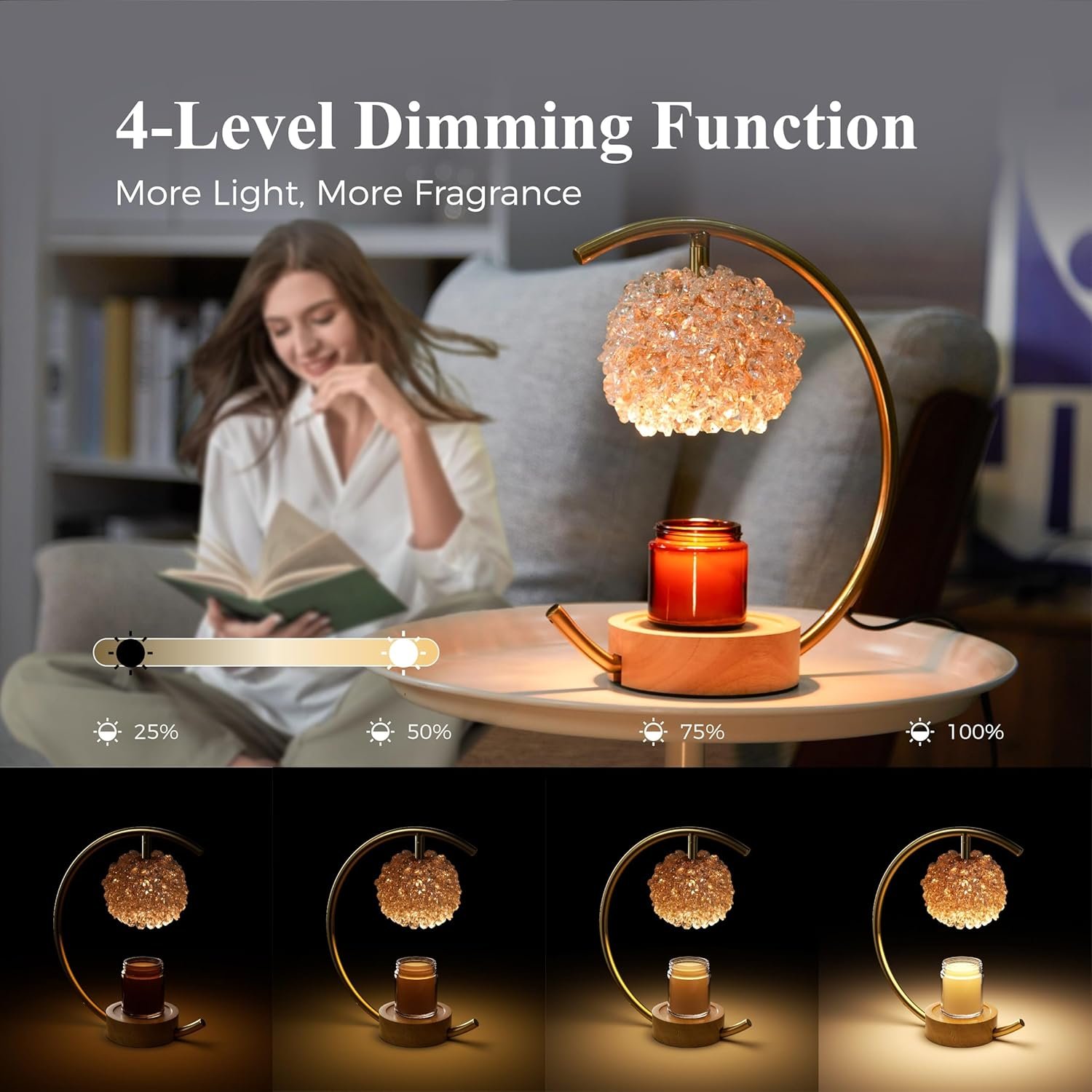Gold Candle Warmer Lamp for Jar Candles with Adjustable Brightness&Timer,Handcrafted Crystal&Wooden Base, Luxurious Design,Home Decoration Electric Candle lamp(C-Shaped) - Image 4