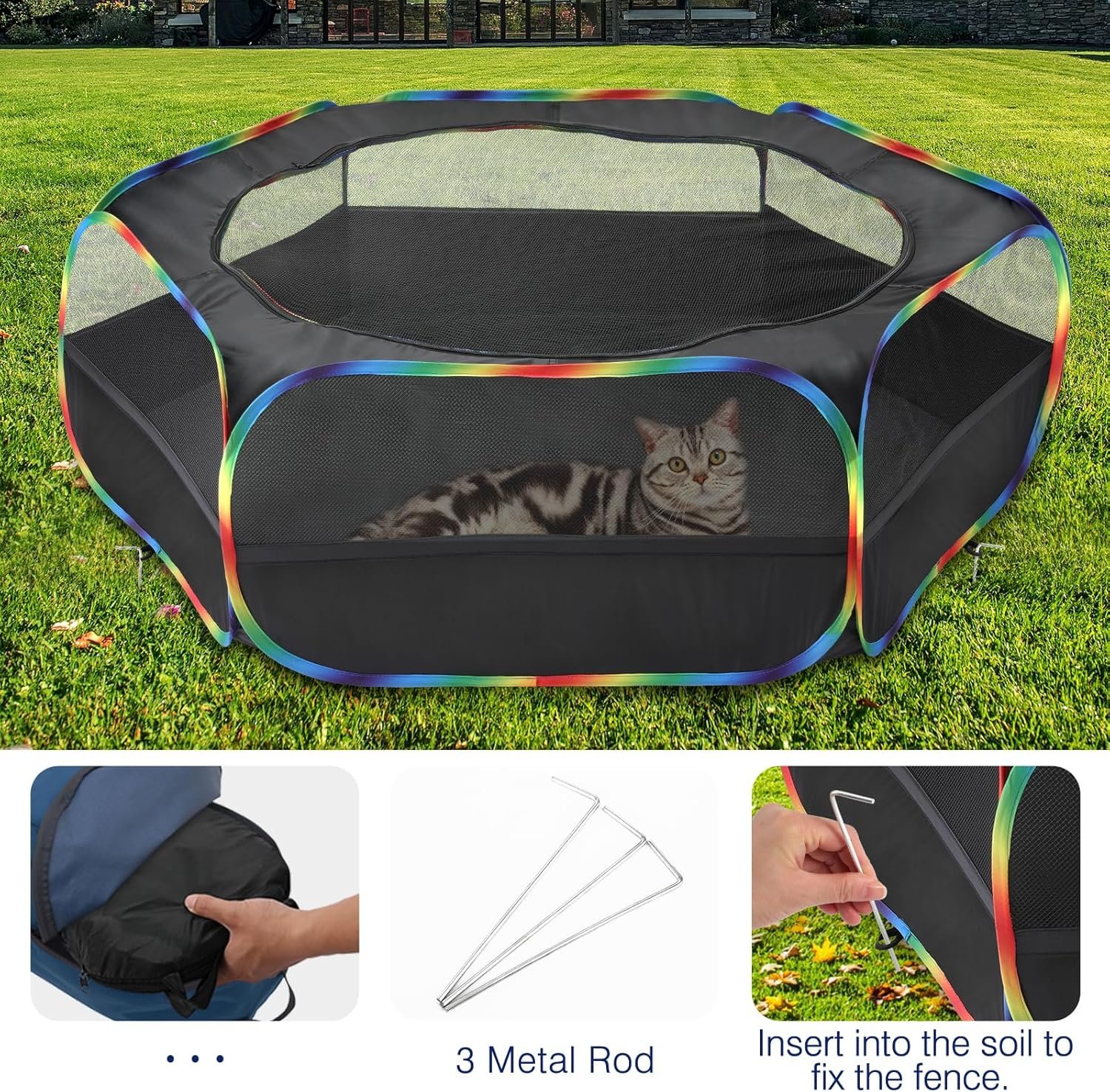 Pawaboo Small Animals Playpen, Waterproof Small Pet Cage Tent with Zippered Cover, Portable Outdoor Yard Fence with 3 Metal Rod for Chick/Kitten/Puppy/Guinea Pig/Rabbits/Hamster, Black + Rainbow - Image 5
