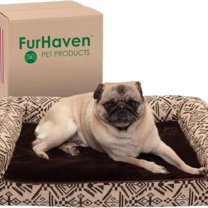 FurHaven Soft, Orthopedic Foam Sofa Dog Bed with Washable & Removable Cover - Plush/Woven - Desert Brown, Dogs Up to 35 lbs - Medium