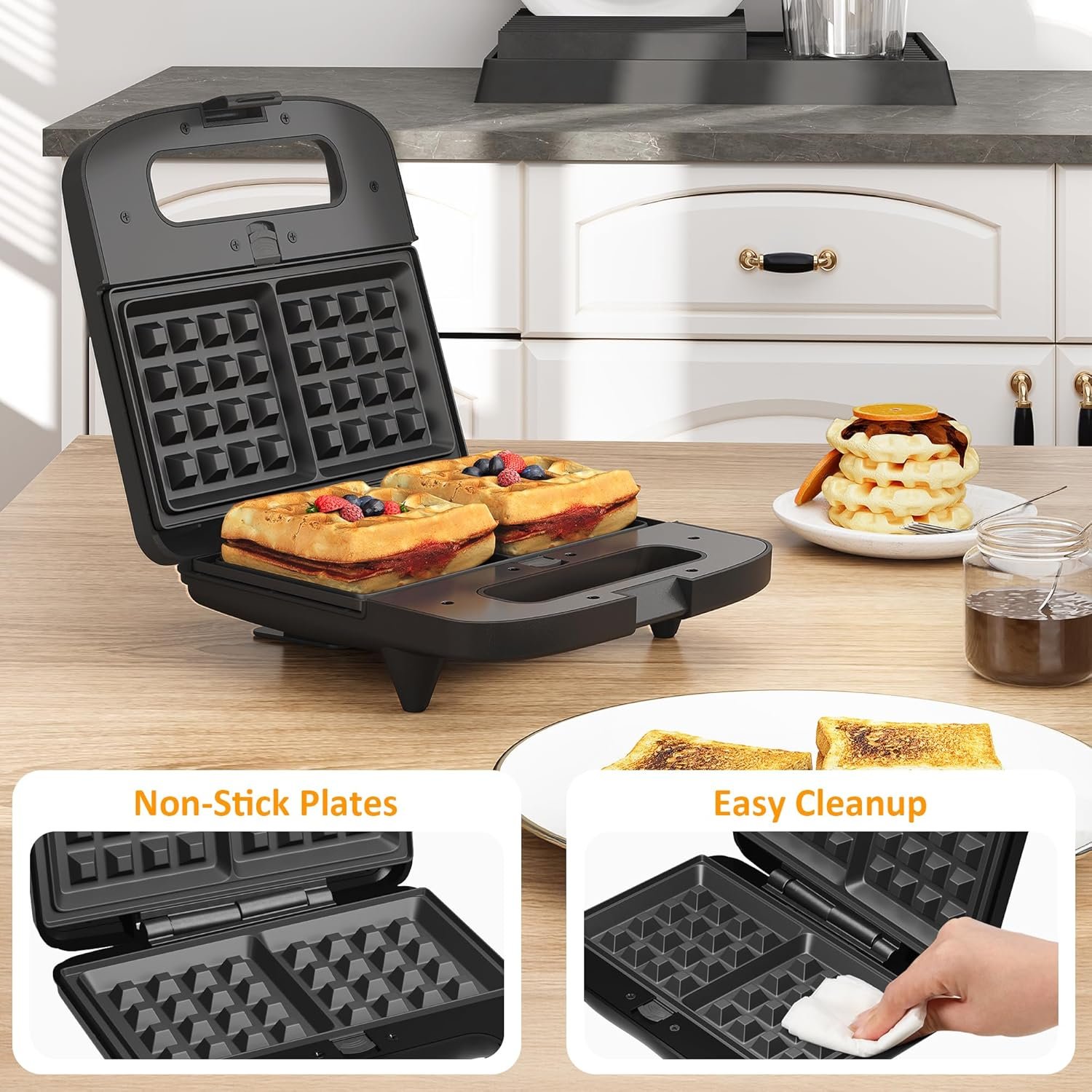 Sunvivi 3 in 1 Electric Sandwich Maker: Panini Press Grill and Waffle Iron Set, Grill and Sandwich Press with Removable Nonstick Plates, Indicator Lights & Cool Touch Handle, 800W, Black - Image 7