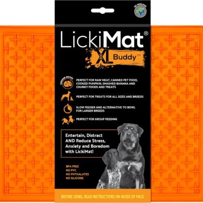 LickiMat X Large Breed Buddy Dog Lick Mat, Dog Calmer, Slow Feeder, Anxiety Reliever Alternative to Puzzle Toys, Slow Feeding Bowls. Use Peanut Butter, Wet, Raw, Mixed Food, Healthy Treats - Orange