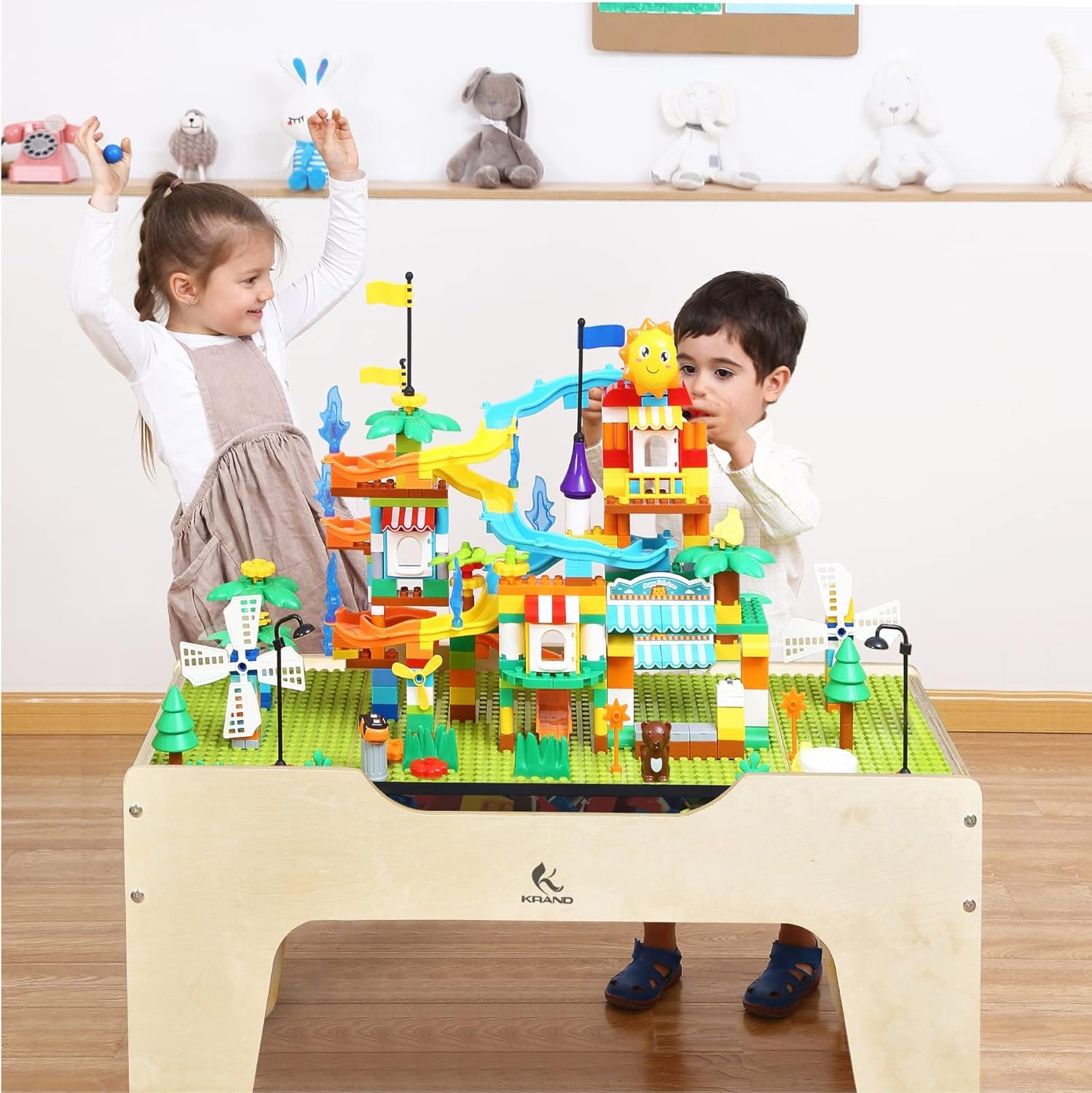KRAND Kid's Multi-Purpose Activity Play Table with 60 Big Building Bricks and 30-Piece Wooden Train Set for Toddlers(Big-peg Baseplate Version) - Image 3