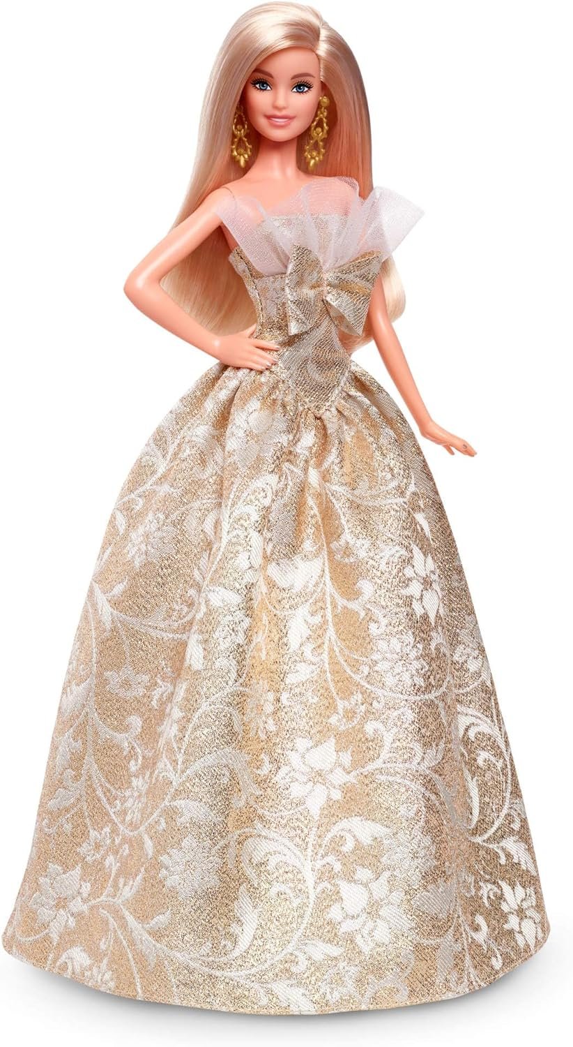 Barbie Signature 2025 Holiday Blonde Fashion Doll Wearing Silver & Gold Gown, Seasonal Collector in Displayable Packaging & Stand - Image 2