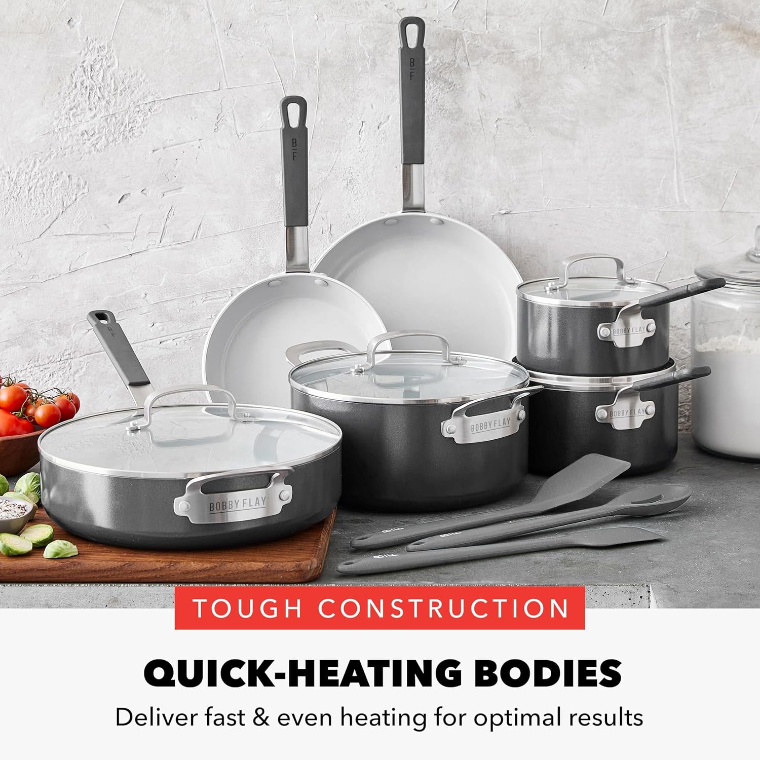 GreenPan x Bobby Flay 13 Piece Nonstick Cookware Pots and Pans Set, PFAS-Free Diamond Ceramic, Induction Suitable, Easy Clean Dishwasher & Oven Safe, Stay-Cool Silicone Handles, Glass Lids, Graphite - Image 7