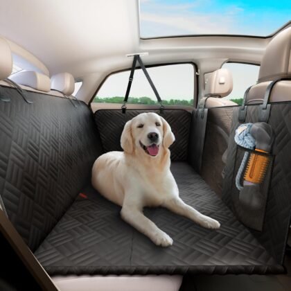 ELLINI Dog Car Seat Cover for Back Seat, Hard Bottom Back Seat Extender for Dogs, Holds 400lbs, 600D Heavy Duty Scratch-Proof Waterproof Dog Hammock for Car, SUV