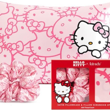Kitsch Hello Kitty Satin Pillowcase, Softer Than Silk for Hair & Skin, Machine Washable, Wrinkle-Free, Standard Size, and Satin Scrunchies No Damage Hair Ties Pink Kitty Faces, 2 Piece Set
