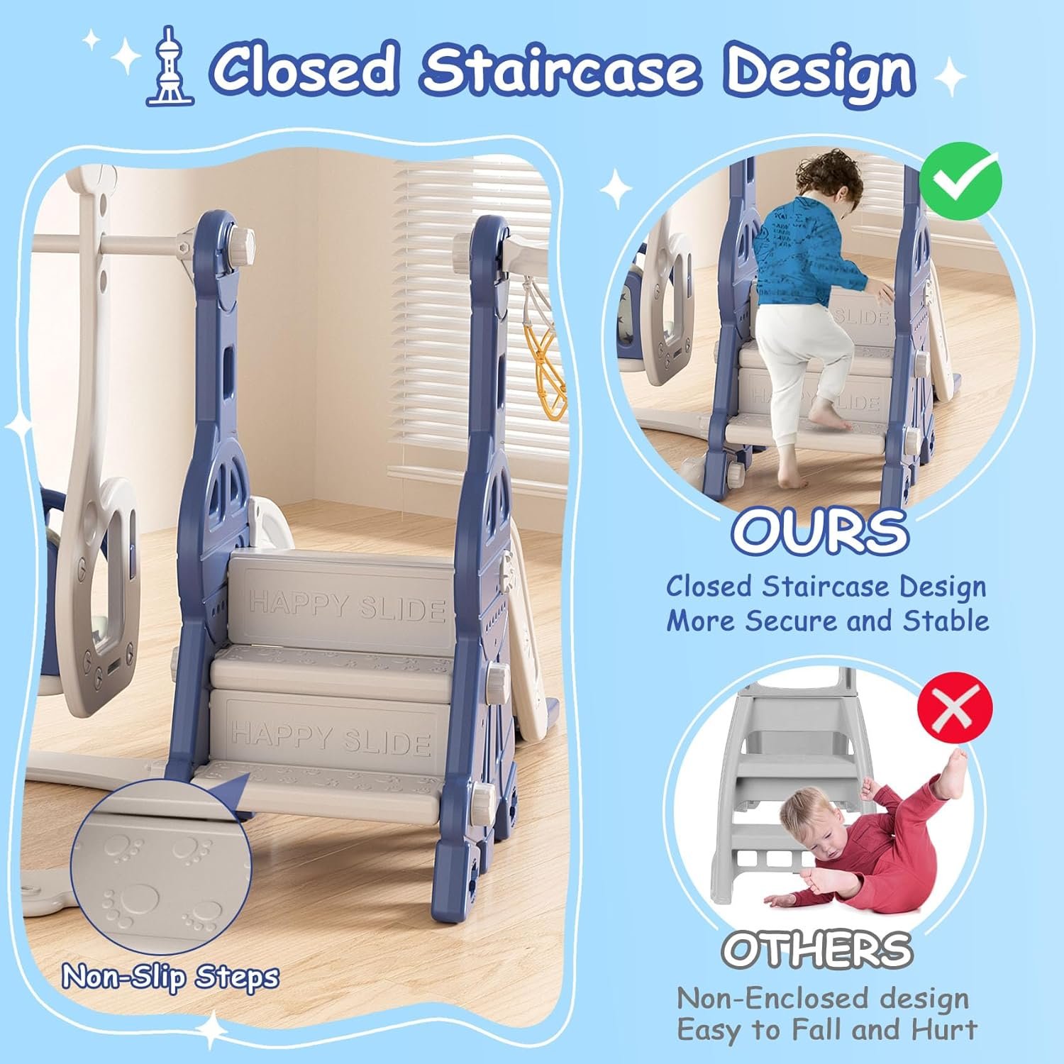 BIERUM 4 in 1 Toddler Slide and Swing Set, Baby Slide for Toddlers Age 1-2, with Basketball Hoop, Indoor Outdoor Toddler Playset Blue - Image 4