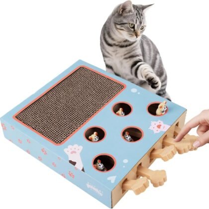 PAWISE Interactive Cat Play Scratch,3-in-1 Whack-A-Mole Puzzle Toy, Cat Scratching Post with Catnip, Fun Toy for Kitten,Cardboard Box to Relieve Boredom and Boost IQ for Indoor Cats