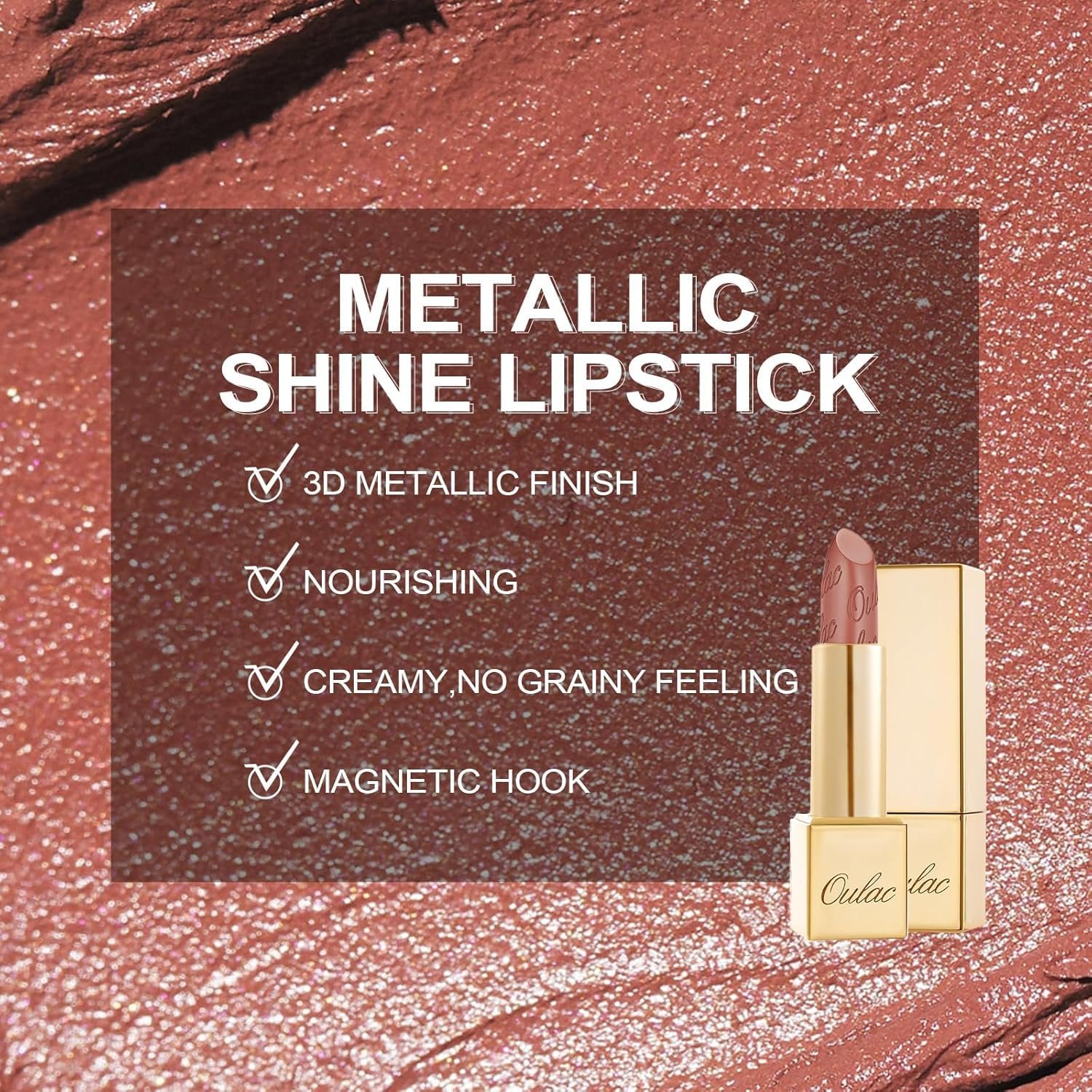 Oulac Matte Cinnamon Lipstick with Glow Metallic Finish - Vegan Lipstick for Women, Creamy Texture, Hydrating Clean Beauty Formula, High-End Magnetic Hook Design, GM03 Deep down - Image 5