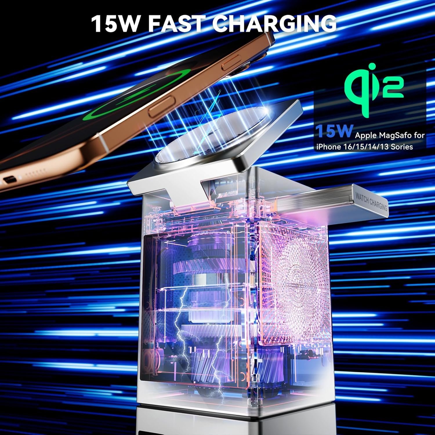 3-In-1 Wireless Charging Station LCD Touch Screen with Bluetooth 5.3 Speaker, Digital Alarm Clock, Qi MagSafe Charger for iPhone iWatch AirPods, 20W Adapter, Suitable for Home, Office & Travel, Sliver - Image 3