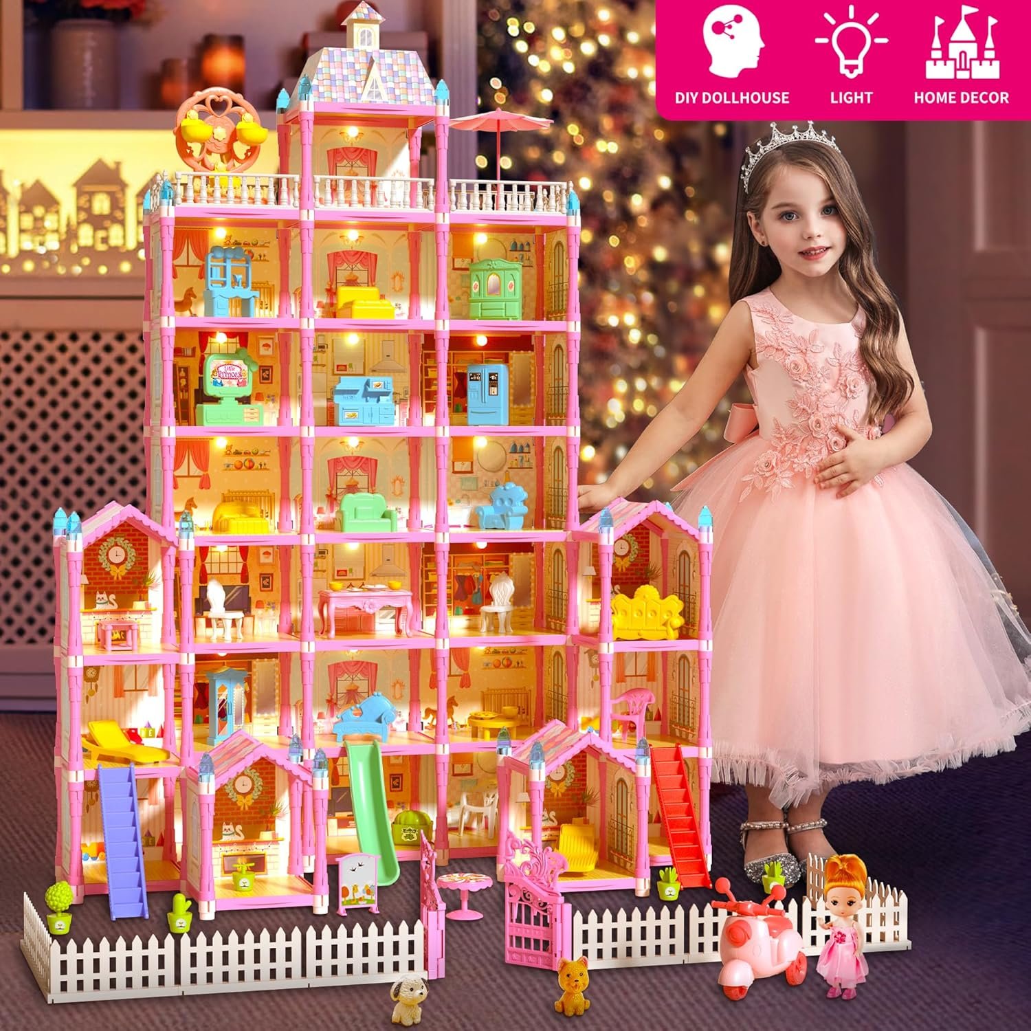 7-Story 29 Rooms Huge Doll House for Girls, Play House Toys Accessories and Furniture, Outdoor Girls Play Set, Pink, 2024 Christmas Toy, Easy Assembly Ideal for Kids - Image 2