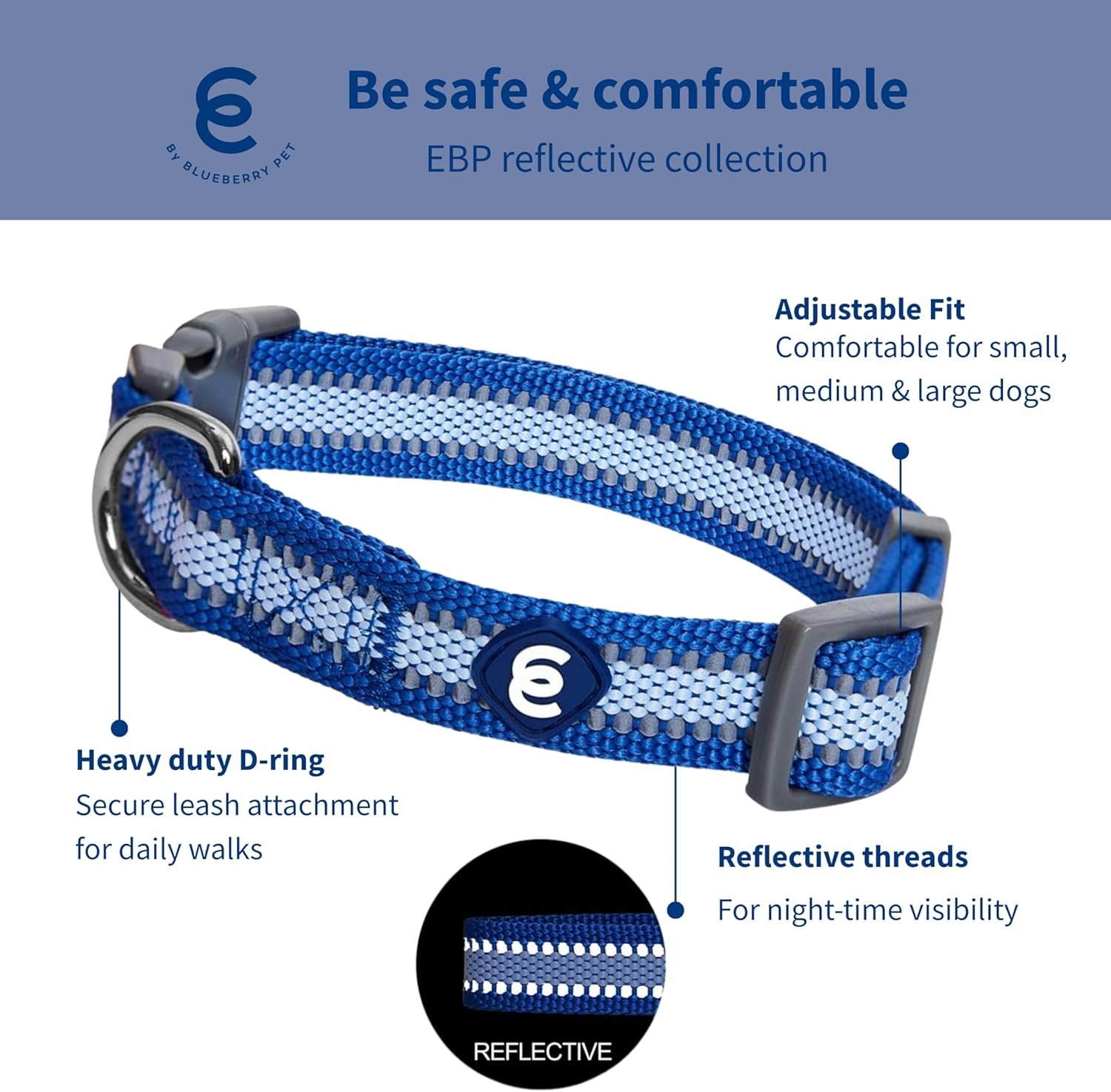 Blueberry Pet Essentials Pack of 2 Reflective Better Basics Adjustable Dog Collars, Navy Blue, Small, Neck 12"-16" - Image 2