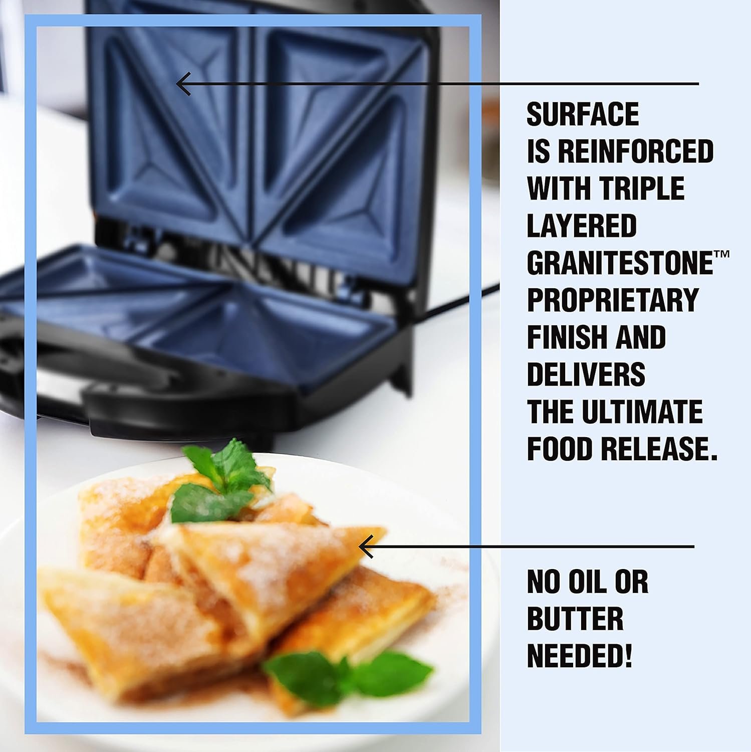 Granitestone Sandwich Maker, Toaster & Electric Panini Grill with Ultra Nonstick Mineral Surface - Makes 2 Sandwiches in Minutes with Virtually No Clean Up, with Easy Cut Edges and Indicator Lights - Image 4
