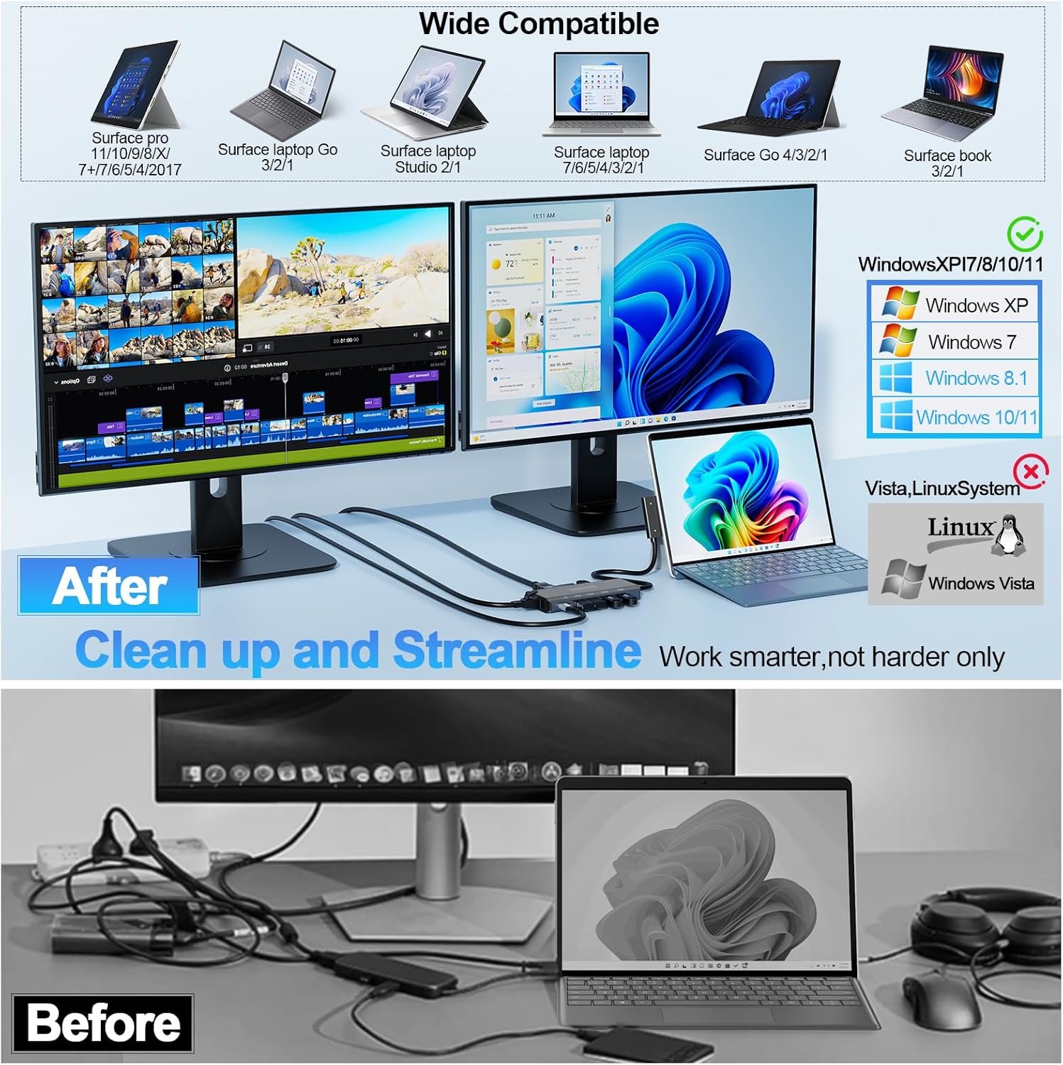 New for Microsoft Surface Docking Station 11-in-1 Surface Dock 2 4K@60HZ HDMI USB C Travel Dock for Microsoft Surface Pro 11/10/9/8/X/7/6/5/4/3,Surface Laptop 6/5/4/3/2/1,Laptop Go 3/2/1,Surface Book - Image 7
