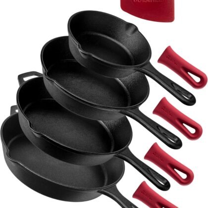 Cuisinel Cast Iron Skillets Set - 4-Piece Chef Pans - 6" + 8" + 10" + 12"-Inch + 4 Heat-Resistant Handle Holders - Pre-Seasoned Oven Safe Cookware - Indoor/Outdoor Use - Grill, Stovetop, BBQ Safe