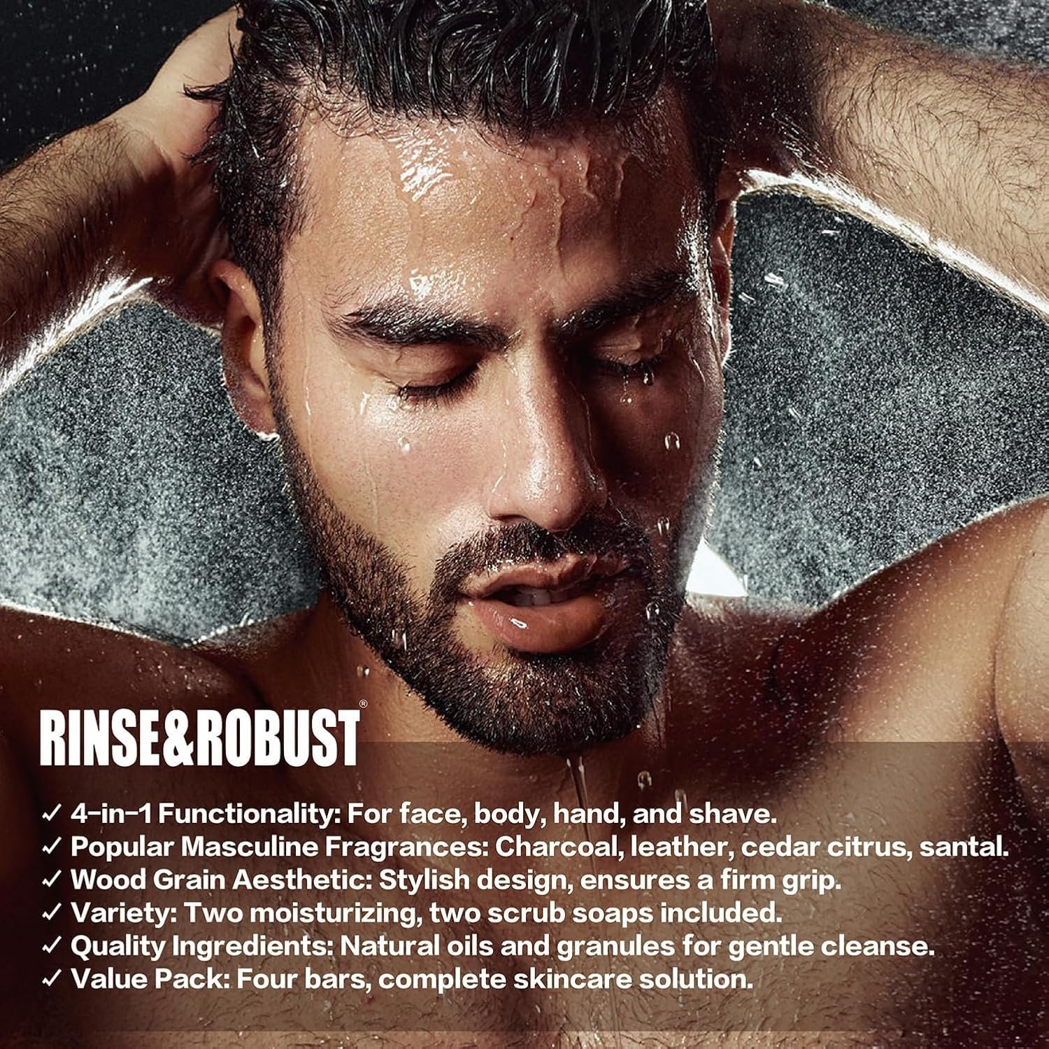 Rinse & Robust Bar Soap for Men - 4Pcs Exfoliating & Moisturizing 4-in-1 Cleansing Bar Set for Face, Body, Hands & Shave | All Skin Types | Luxury Fathers Day Gift Set(4 x 5.3 oz) - Image 5
