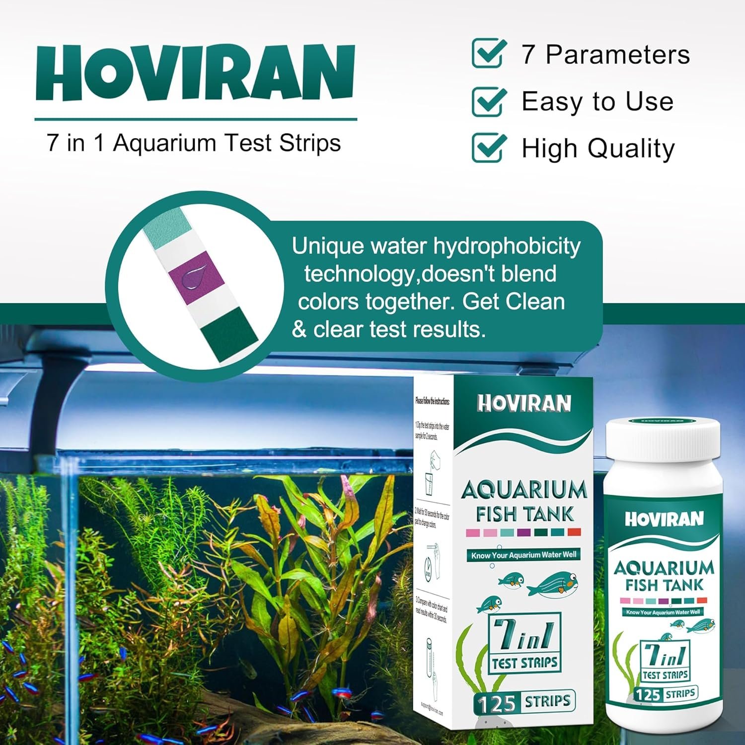 7 Way Aquarium Test Strips, 125 Count Fish Tank Test Strips for Freshwater Saltwater Pond, Water Testing Kit Aquarium for Chlorine, Total Hardness, Carbonate, Alkalinity, Nitrate, Nitrite and pH - Image 5