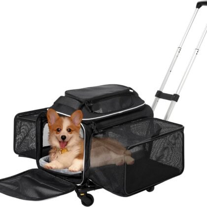 Airline Approved Top-Expanding Pet Carrier on Wheels- Extra Spacious Soft Lined Carrier! 18x11x11 (Black, Expanding Sides)