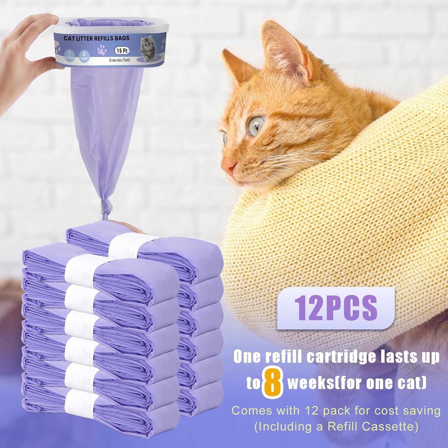 12 Pack Cat Litter Refills, Compatible with Genie Bag Refills, Enhanced Odor Control, Includes One Non-Original Refill Box (Purple) - Image 3