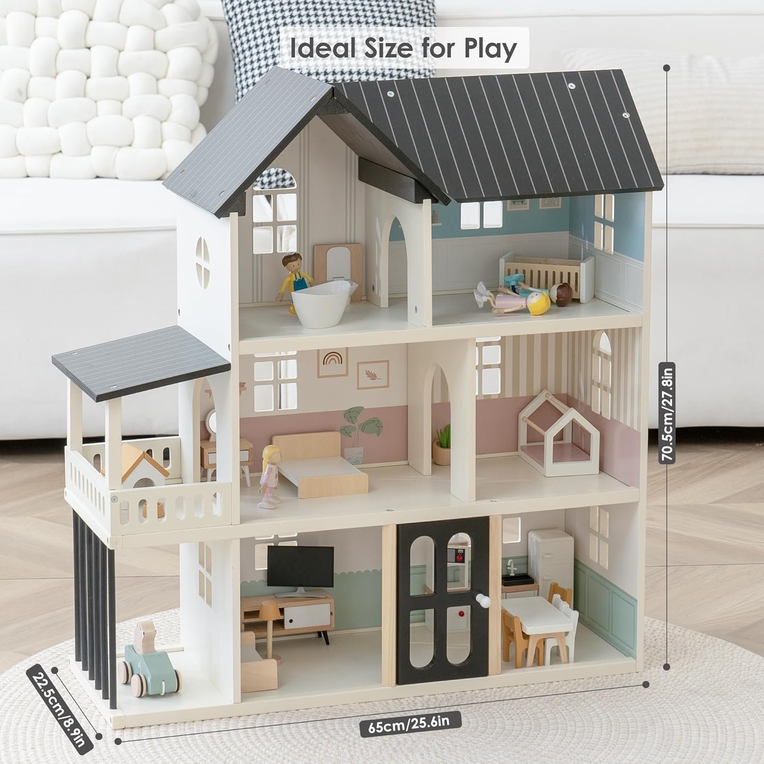 Wooden Dollhouse for Kids, 6-Room Modern Style Toy Doll House Playset with 26 Furniture & Functional Doors, 1:12 Scale Open Plan Dollhouse Designed for 4-6 Inch Dolls, STEM Creative Gift for Ages 3+ - Image 5
