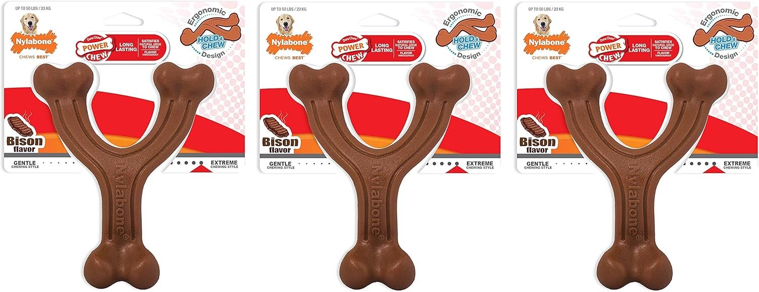 Nylabone 3 Pack of Power Chew Wishbone Chew Dog Toys, Giant, Bison Flavor