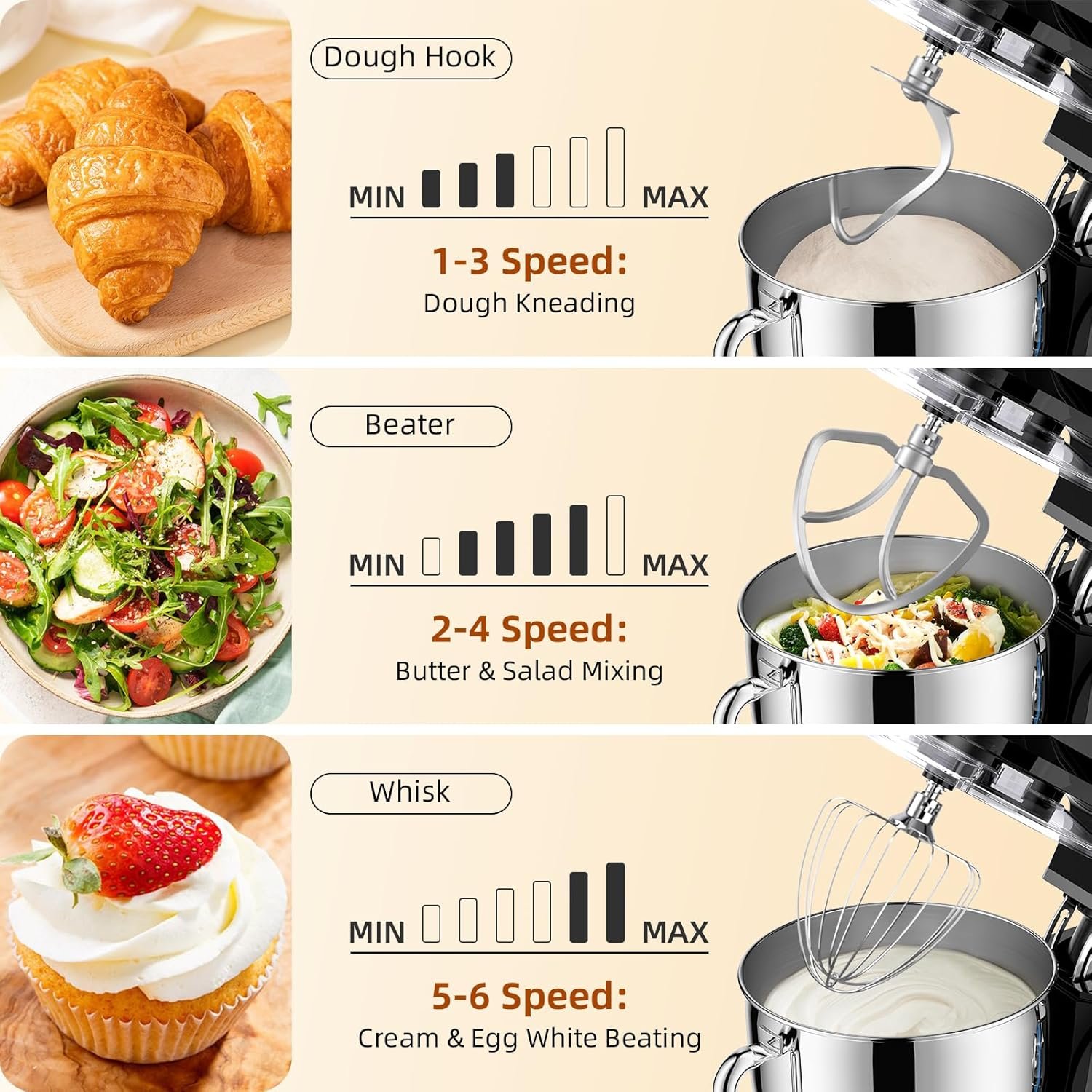 Dough Mixer 8.45 QT Electric Mixer - 660W 6 Speed Large Capacity Kitchen Stand Mixer with Whisk Dough Hook Mixing Beater Household Food Mixer for Baking Cakes Cookie Bread Salad - Image 2