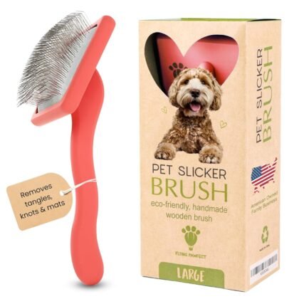 Flying Pawfect Dog Slicker Brush for Grooming Pet Hair - Best Slicker For Poodle & Golden Doodle - Long Haired Tool For Dogs - Goldendoodle Long Pin Brush For Dematting (Coral, Flat Large)