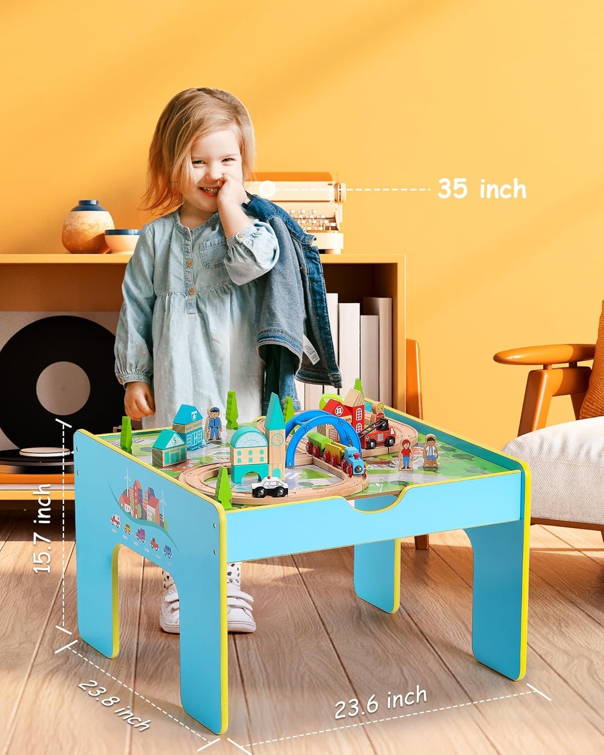 SainSmart Jr. Wooden Train Table, 2-in-1 Activity Table Playset for Kids, Wooden Train Set with Storage Box, Gift for Toddlers Boys Girls - Image 4