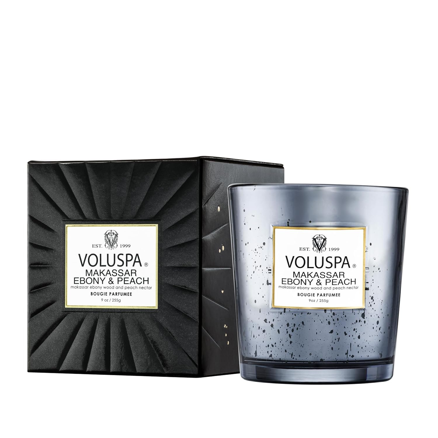 Voluspa Makassar Ebony and Peach Candle, 9 oz, Coconut Wax Blend, Scented Candles for Home, 60 Hour Burn Time, Candle Jars