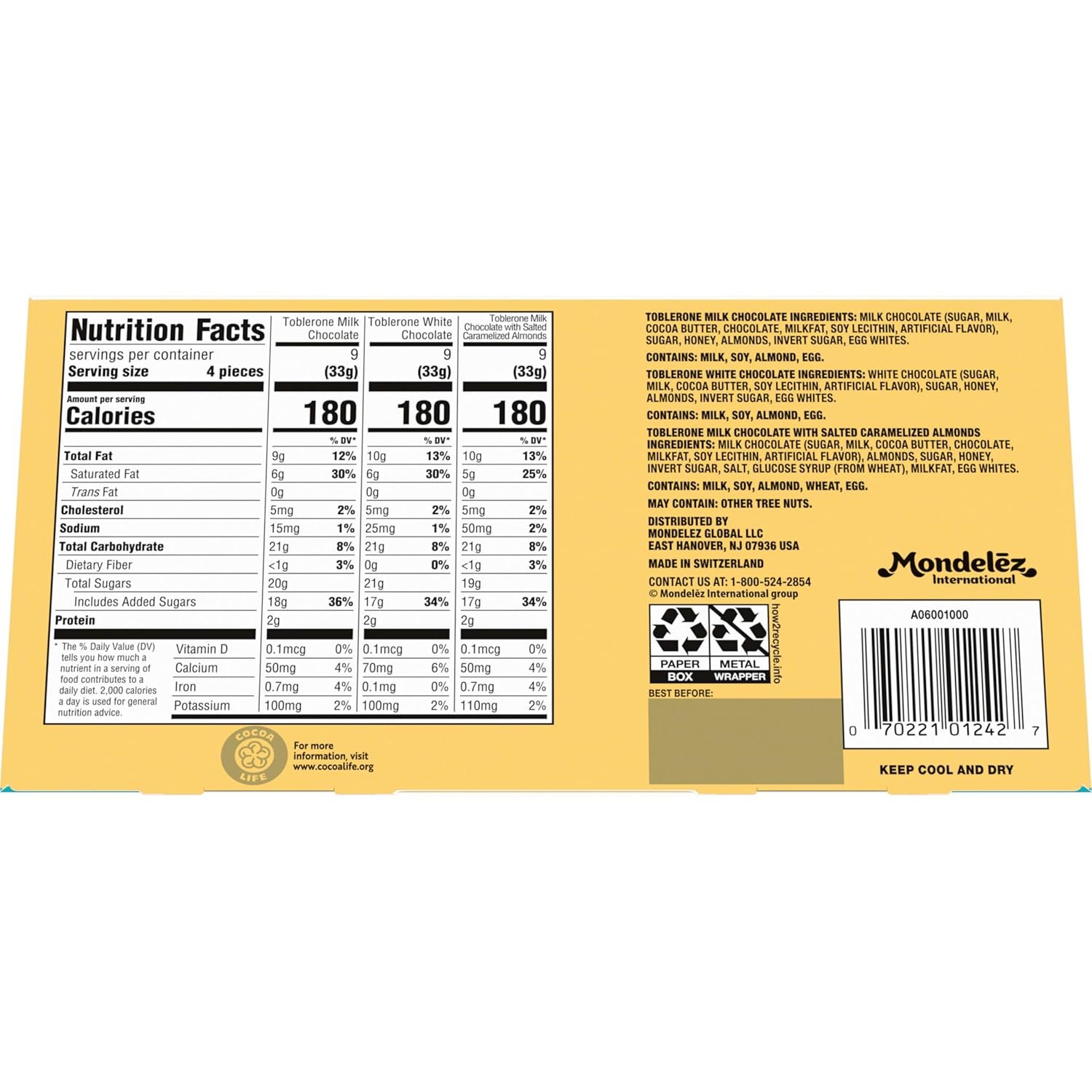 TOBLERONE Assorted Chocolate Bars Variety Pack (Milk, White, & Salted Caramelized Almonds), Bulk Chocolate, 1 Gift Box (9 Bars) - Image 12