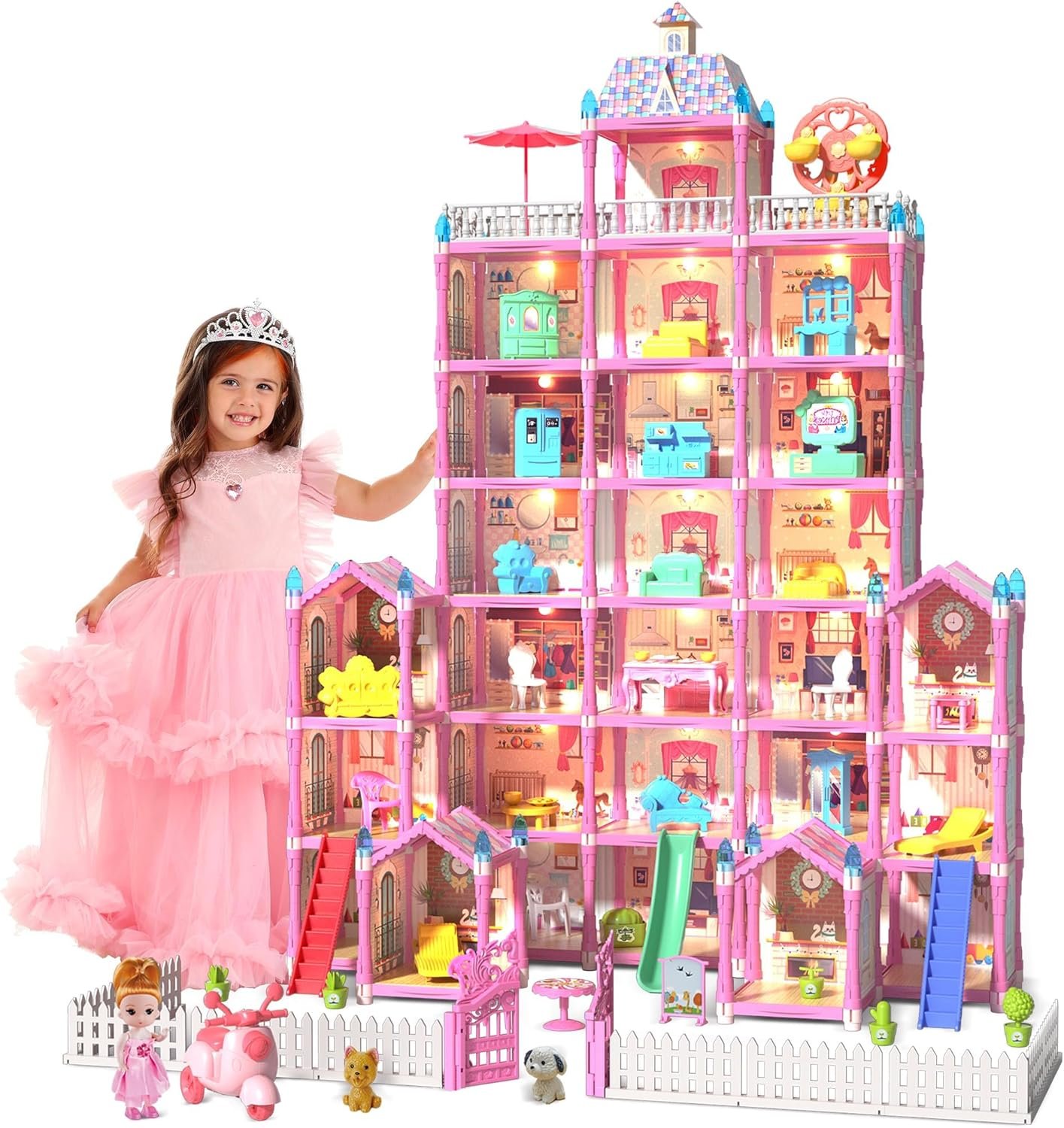 7-Story 29 Rooms Huge Doll House for Girls, Play House Toys Accessories and Furniture, Outdoor Girls Play Set, Pink, 2024 Christmas Toy, Easy Assembly Ideal for Kids