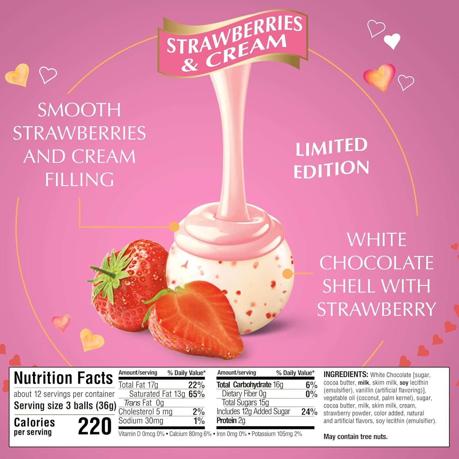 Lindt LINDOR Strawberries and Cream White Chocolate Candy Truffles, Valentine's Day White Chocolate with Strawberries and Cream White Truffle Filling, 15.2 oz. Bag - Image 2