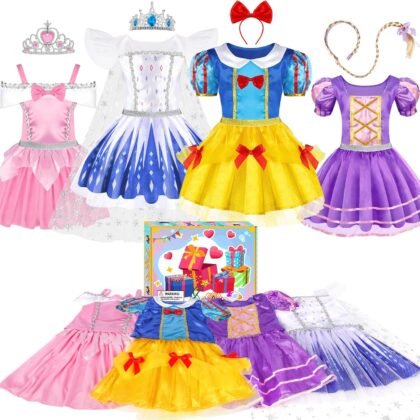EULRGAUS Princess Dress Up, Toddler Dress Up Clothes, Cosplay Princess Costume Gift Set with Princess Dresses and Princess Toys, Pretend Play Girl Toys Age 3-6, Halloween Christmas Birthday Gift