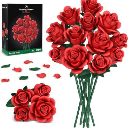 Red Roses Flower Bouquet Building Sets, 670Pcs Artificial Flowers Building Blocks Compatible with Lego Flowers Valentines Day Gifts for Her/Mom/Girlfriend/Wife/Couple Romantic Table Home Decor
