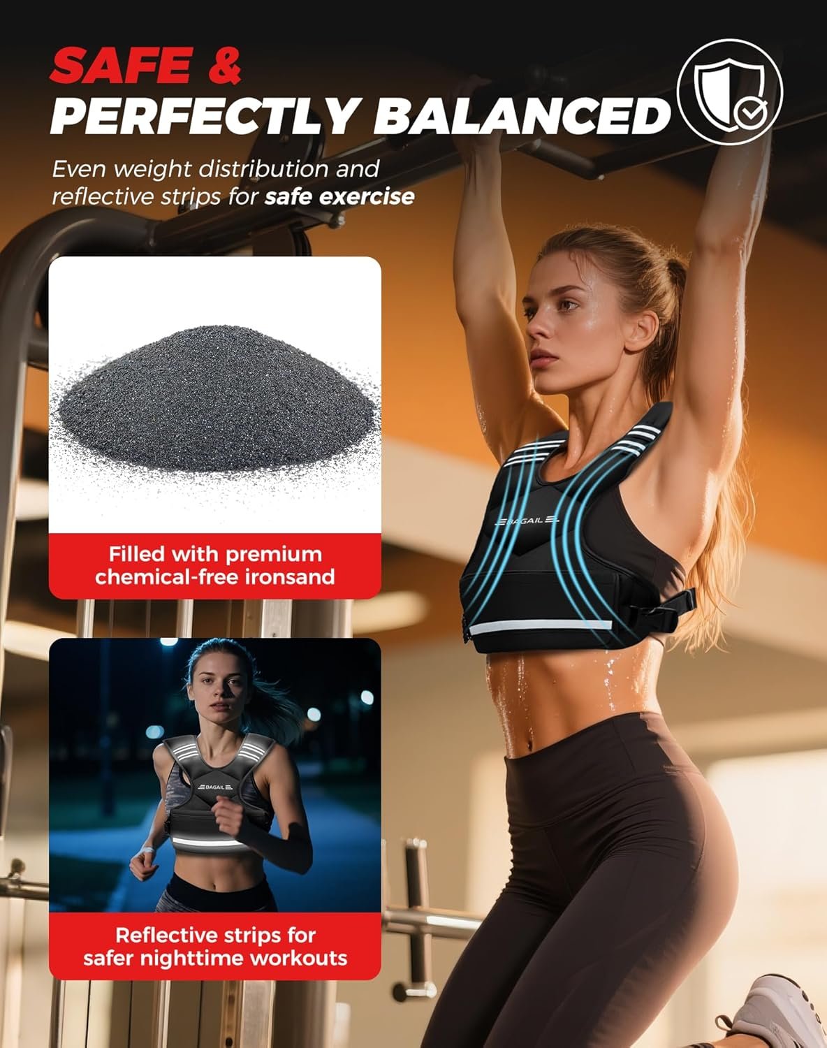 BAGAIL Adjustable Weighted Vest for Women & Men, 4-10lb/12-18lb/20-32lb Weight Vest for Home Workouts with 6 Ironsand Weights, Reflective Rucking Vest for Walking, Running, HIIT & Strength Training - Image 4