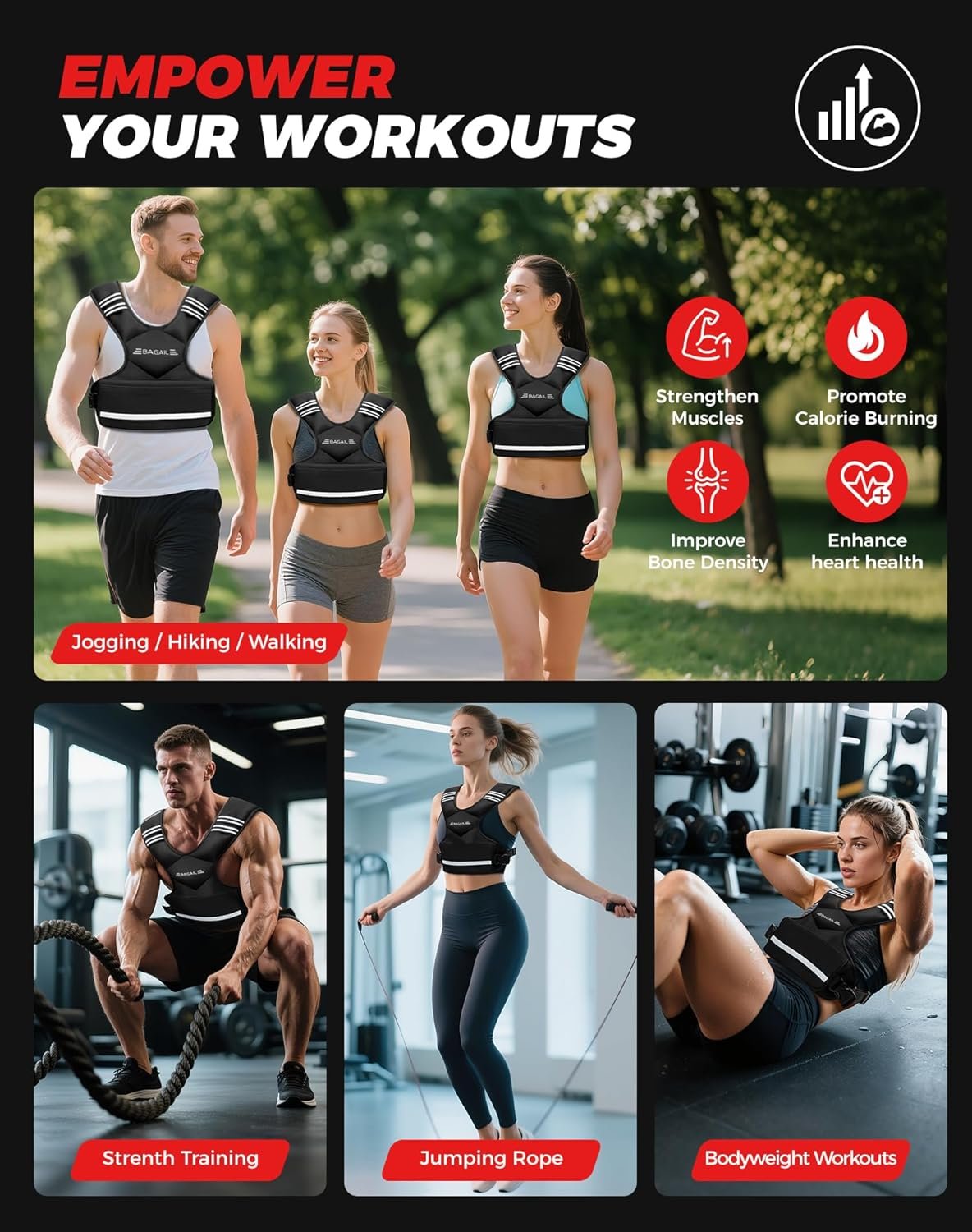 BAGAIL Adjustable Weighted Vest for Women & Men, 4-10lb/12-18lb/20-32lb Weight Vest for Home Workouts with 6 Ironsand Weights, Reflective Rucking Vest for Walking, Running, HIIT & Strength Training - Image 6