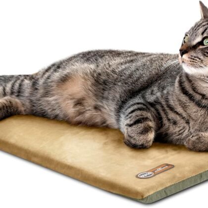 K&H Pet Products Heated Cat Bed Pad for Indoor Cats, Thermo-Kitty Mat Calming Warm Pet Heating Pad for Inside Pets, Machine Washable, Waterproof Heater, Safety Listed - 12.5 X 25in Sage/Tan