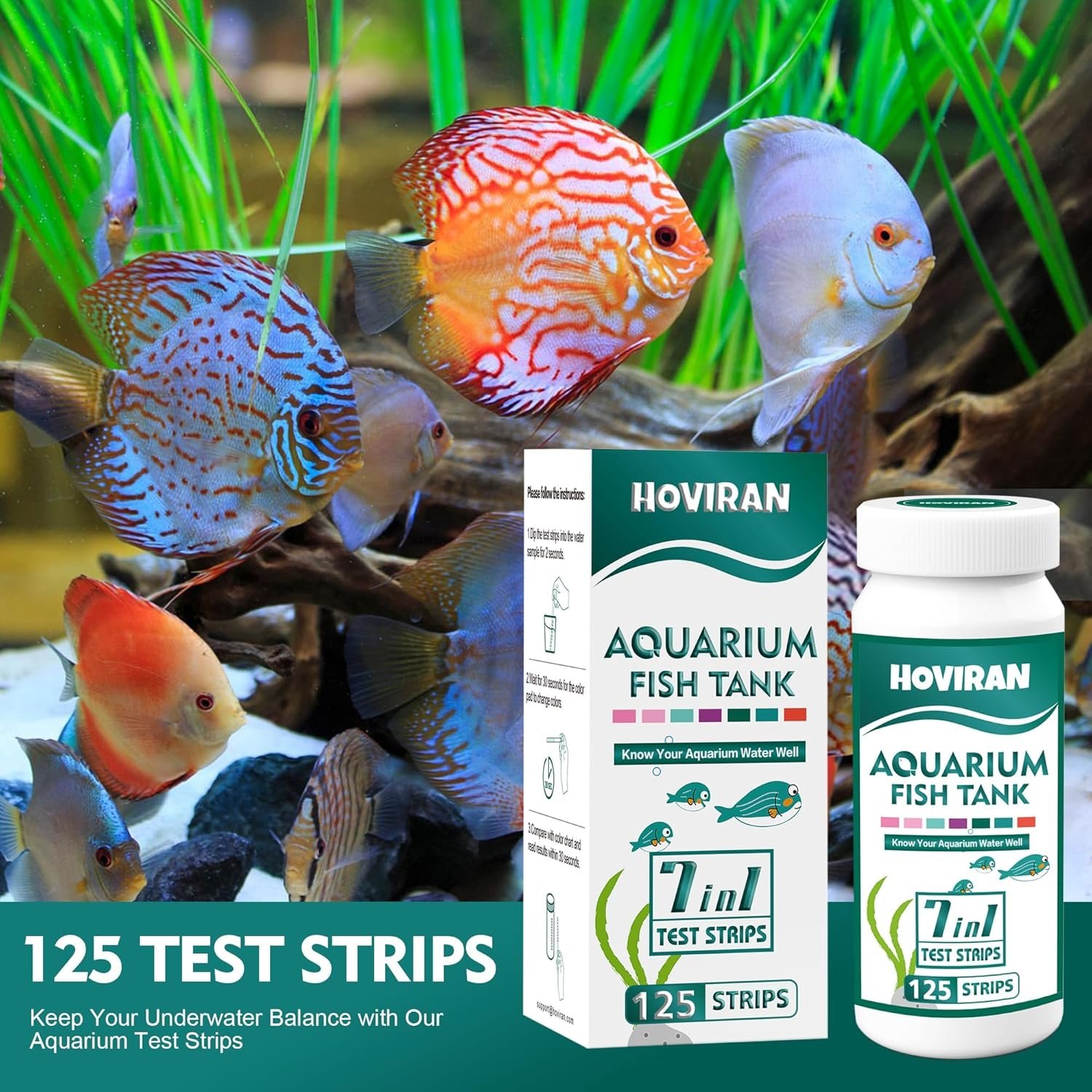 7 Way Aquarium Test Strips, 125 Count Fish Tank Test Strips for Freshwater Saltwater Pond, Water Testing Kit Aquarium for Chlorine, Total Hardness, Carbonate, Alkalinity, Nitrate, Nitrite and pH - Image 3